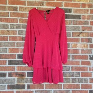 Japna Misses Red Sheer Crossover Shirred Waist Tiered Midi Skirt Dress Size M